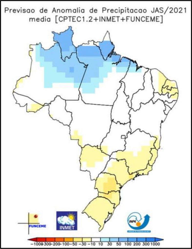 Mapa do Brasil indicando regiões com anomalias de precipitação