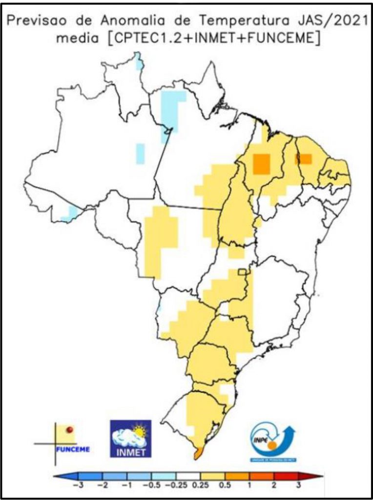 Mapa do Brasil indicando regiões com anomalias de temperatura